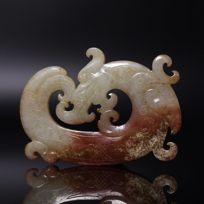 時代物 砡 唐物 和田玉 Yu 玉器 彫刻 如意紋佩 双竜 青白玉 雲錦