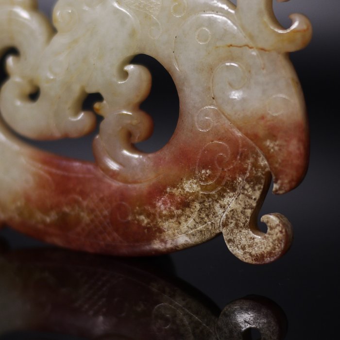 時代物 砡 唐物 和田玉 Yu 玉器 彫刻 如意紋佩 双竜 青白玉 雲錦
