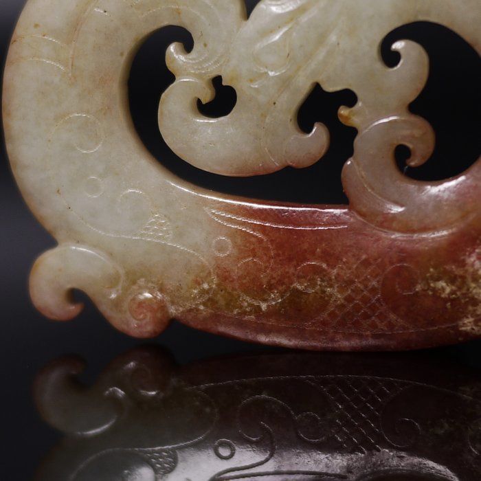 時代物 砡 唐物 和田玉 Yu 玉器 彫刻 如意紋佩 双竜 青白玉 雲錦