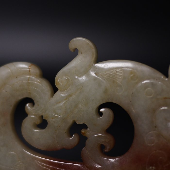 時代物 砡 唐物 和田玉 Yu 玉器 彫刻 如意紋佩 双竜 青白玉 雲錦