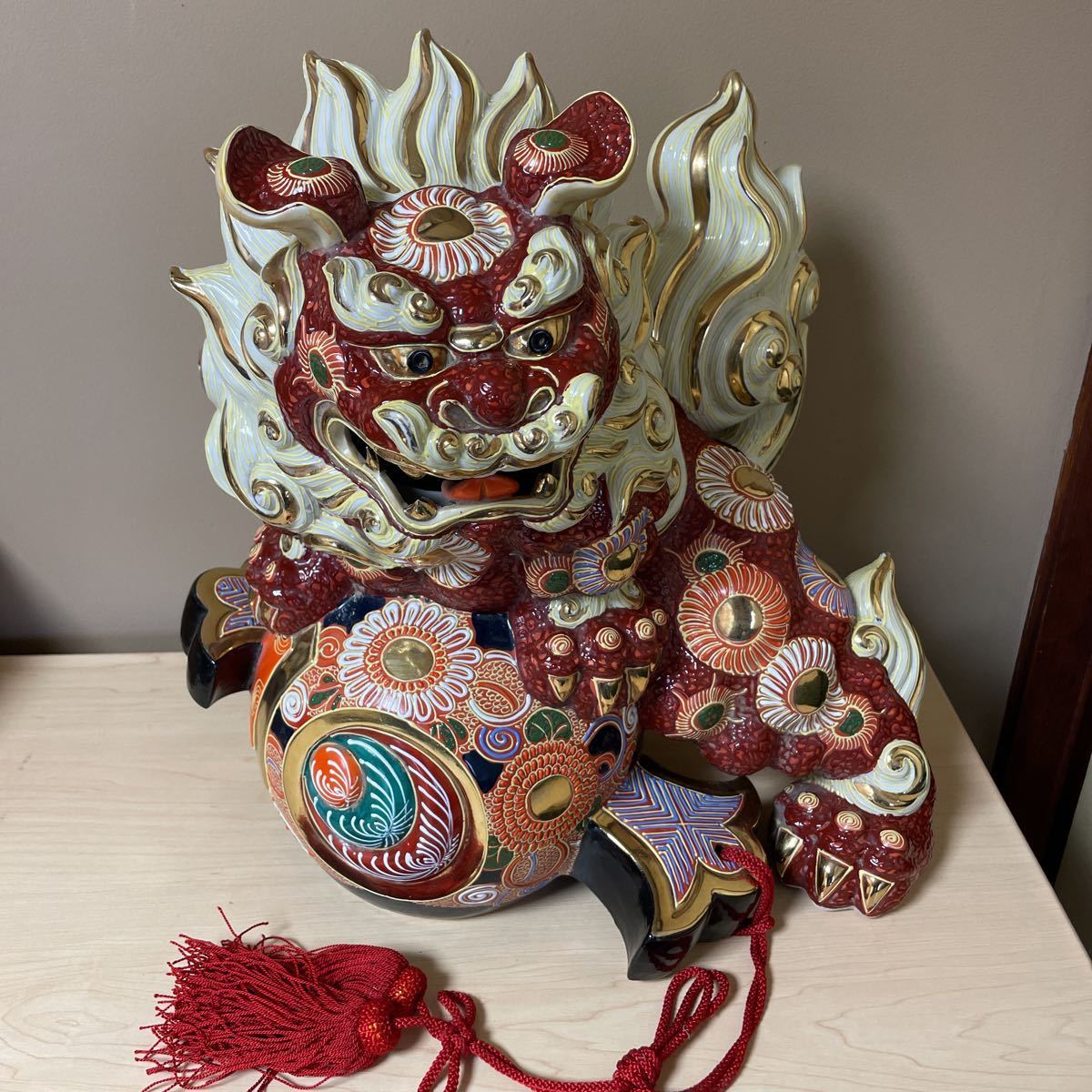 ☆九谷焼 獅子 陶器☆ 超美品 九谷焼 唐獅子 玉乗り獅子