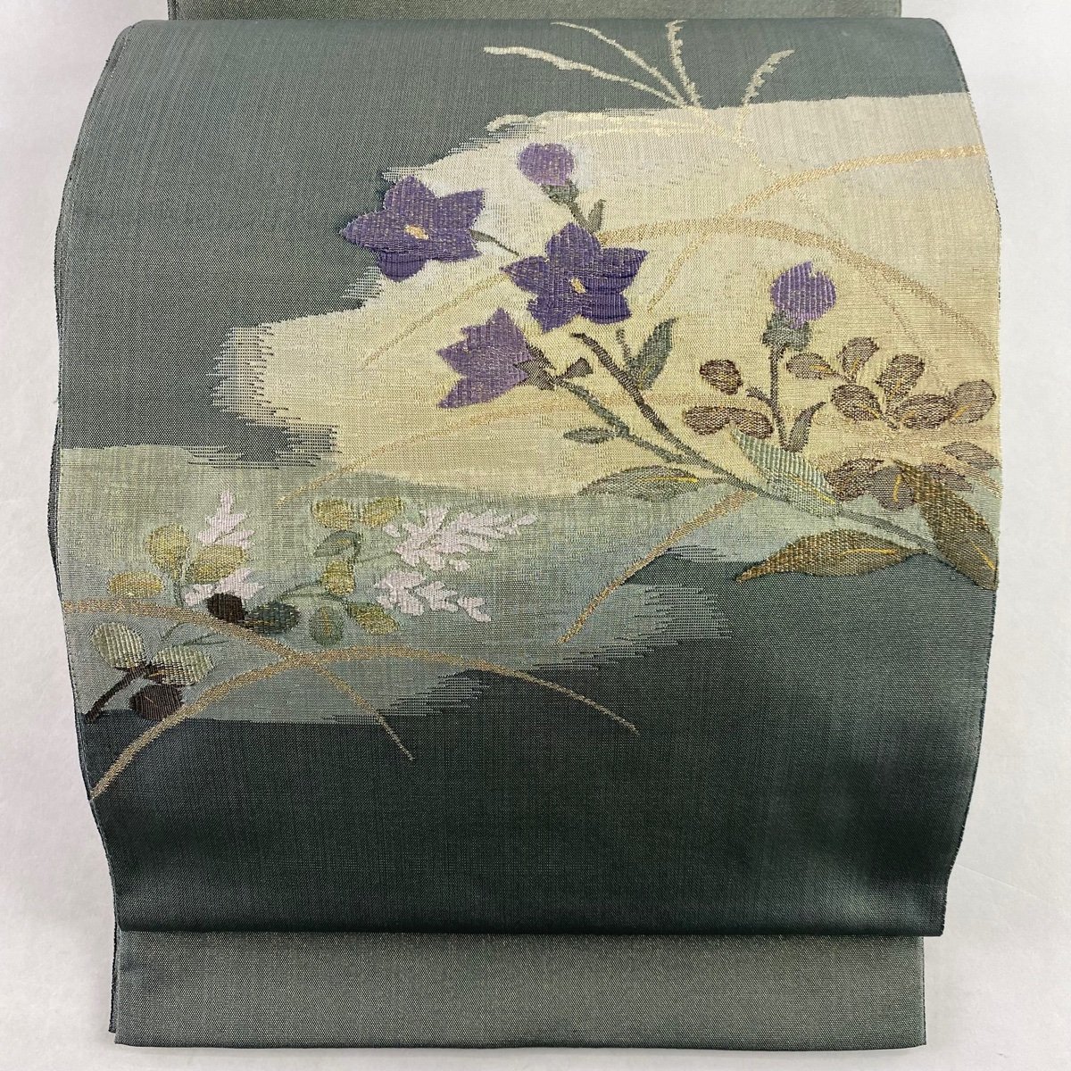 袋帯 秀品 草花 霞 金糸 よもぎ色 お太鼓柄 正絹 【中古】