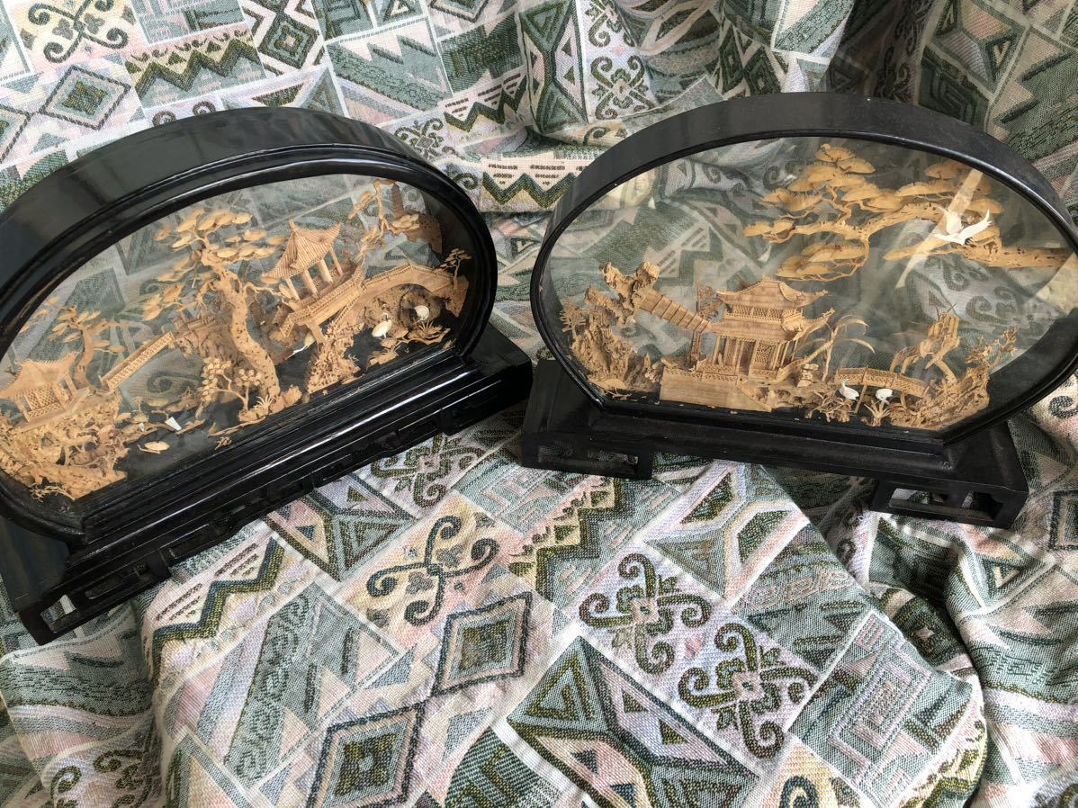 CR0218 中国美術品 コルク細工 中国工芸品 コルク彫刻 ガラスケース軟木画