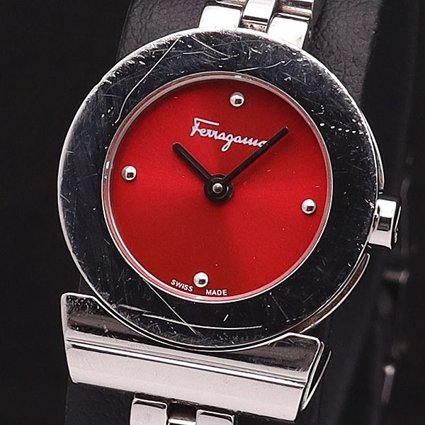 1円 稼働 良品 箱/コマ7付 サルバトーレフェラガモ QZ ラウンド 赤文字盤 レディース腕時計 XYZ 2000000◇