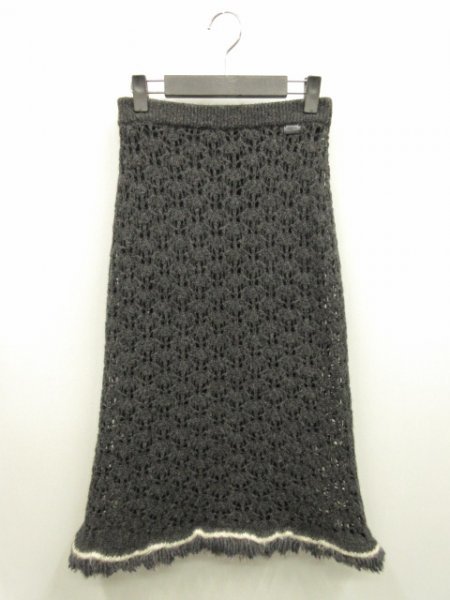 シャネル CHANEL ★ レザーロゴパッチ付　クロシェニットスカート　00A　裾フリンジデザイン　◆