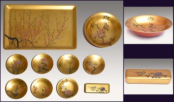 豪華な四季蒔絵 盆 菓子器 銘々皿7枚 楊枝入れの10点セット 天然木 本