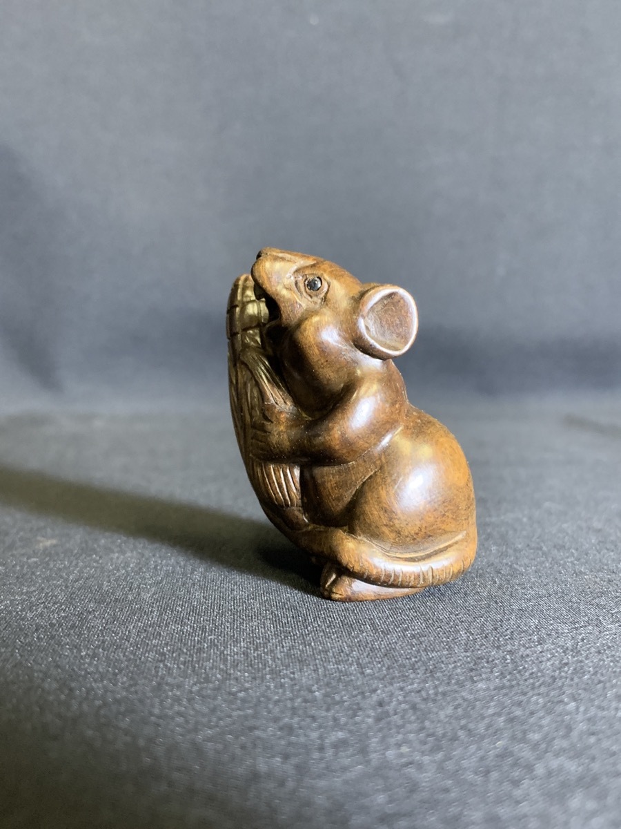 学良 『根付 提げ物 とうきびにネズミ 検）木彫 作家物 在銘 松山？ 杉山？