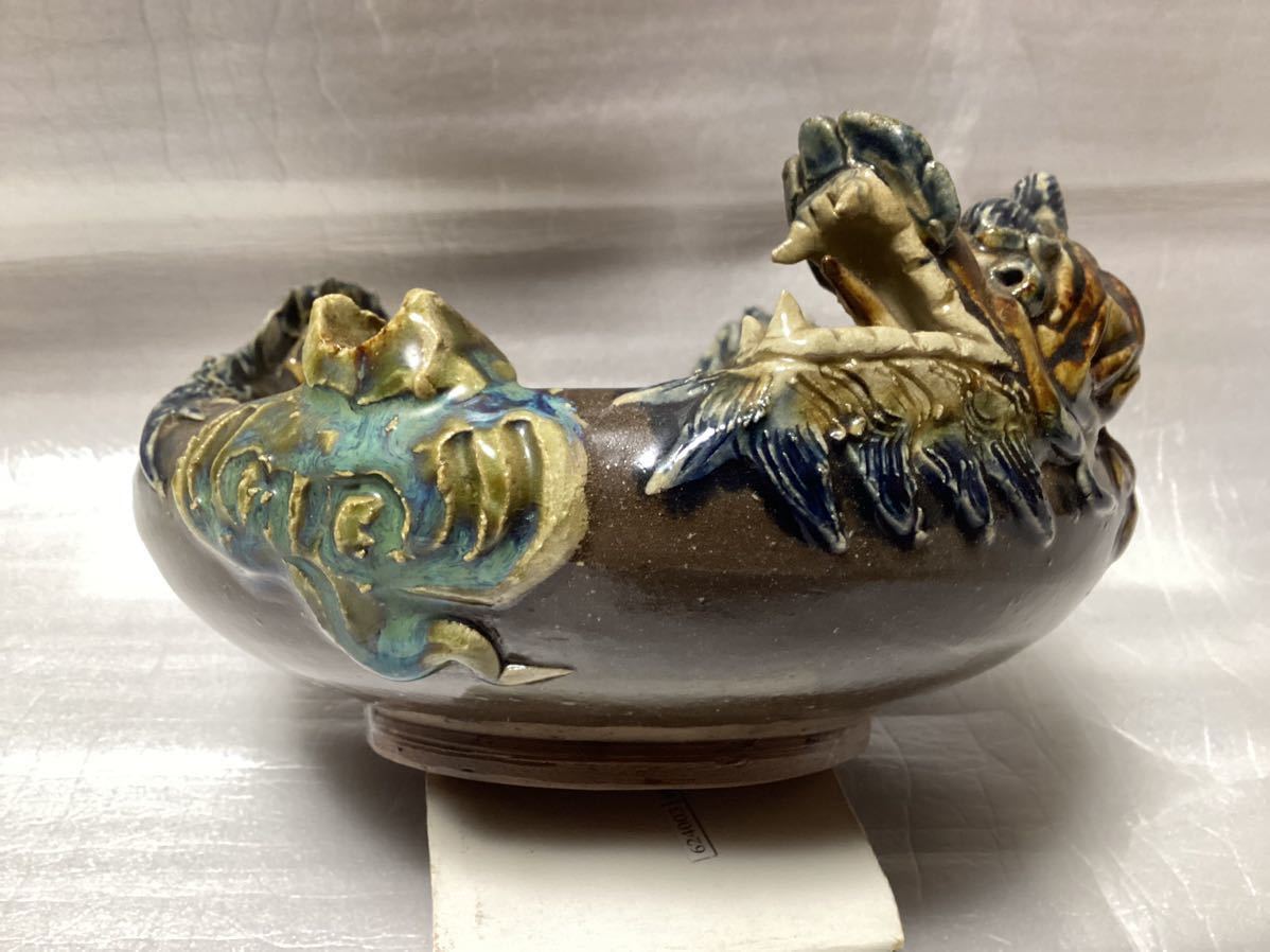 沖縄壺屋 龍 焼物 陶器 置物 骨董品 古玩 やちむん 灰皿 沖縄工芸品