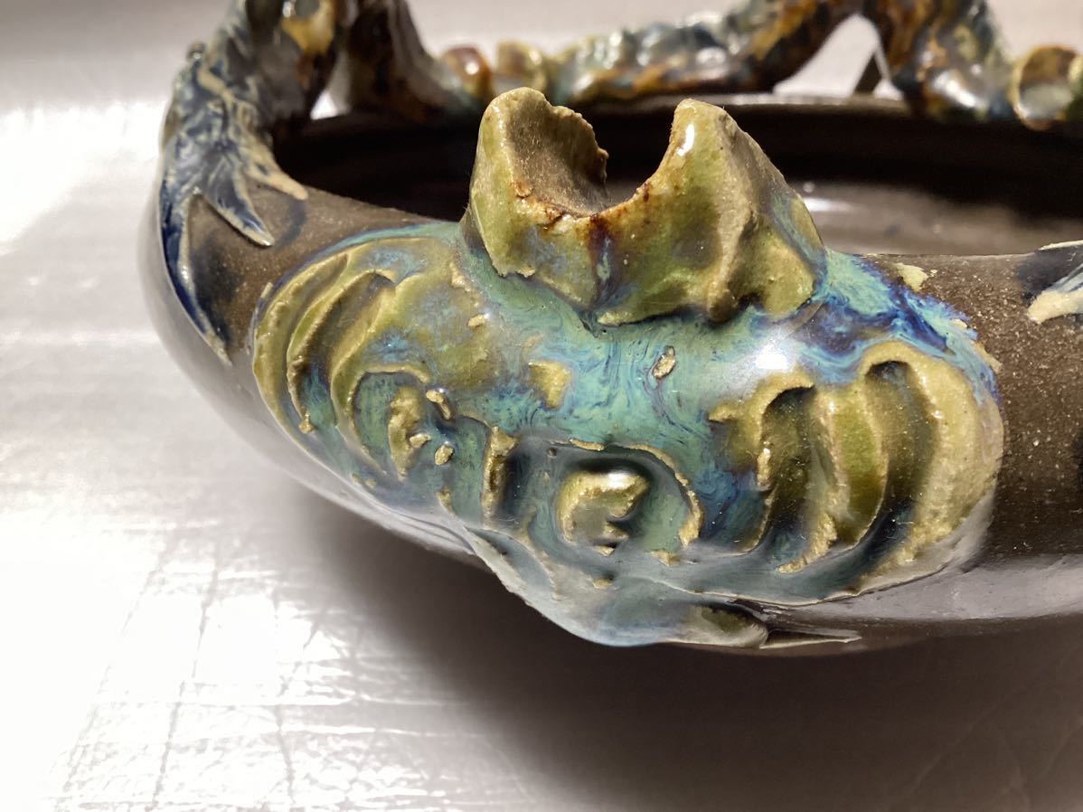 沖縄壺屋 龍 焼物 陶器 置物 骨董品 古玩 やちむん 灰皿 沖縄工芸品