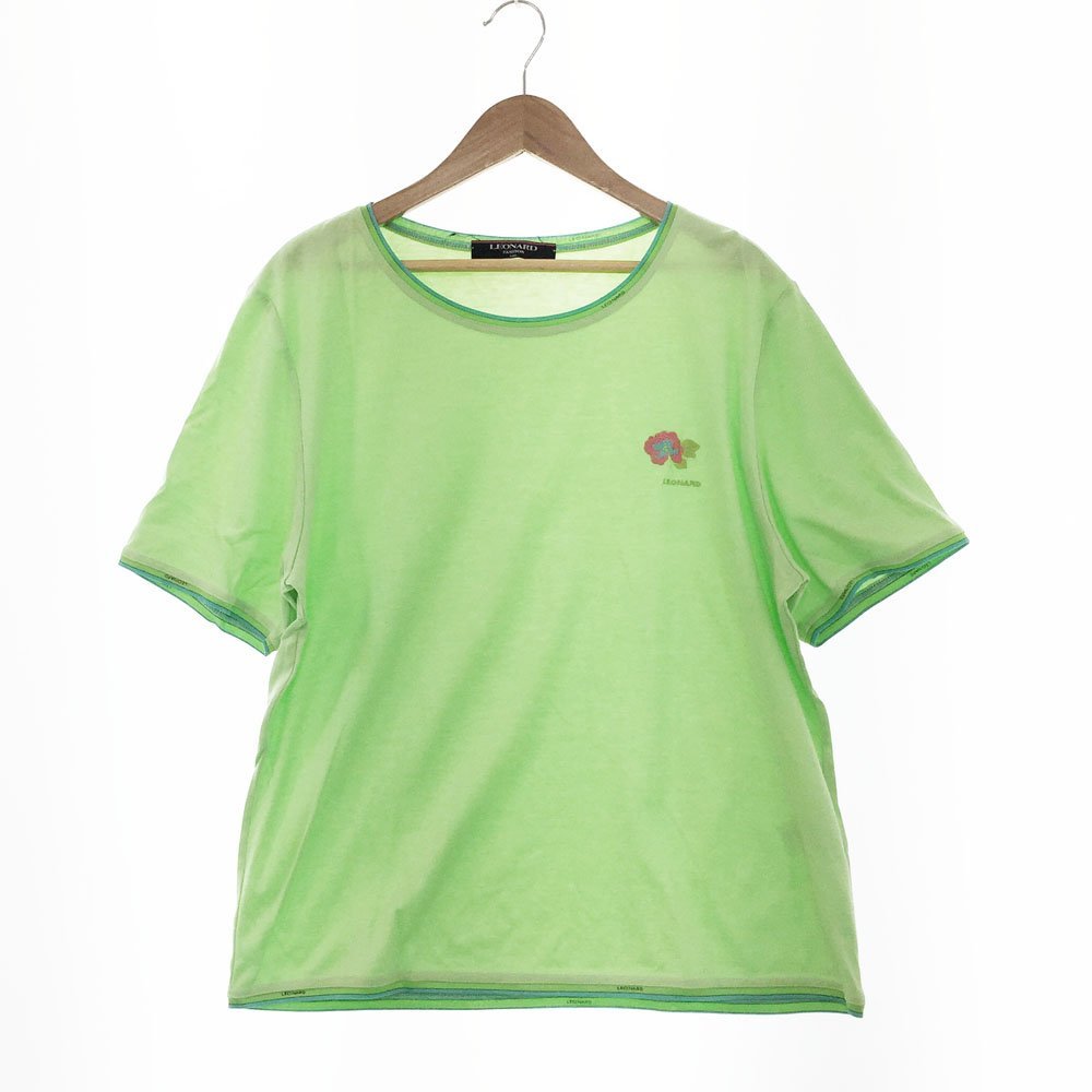 ★LEONARD レオナール 半袖 花刺繍 パイピングライン プリント カットソー ブラウス レディースL ライトグリーン コットン 1BA/87169