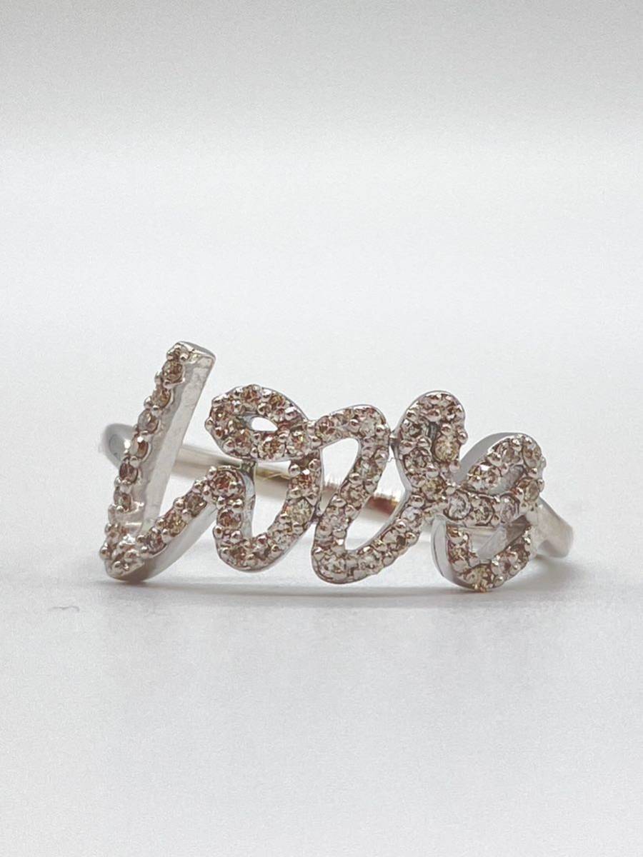 [新品同様]K18WGホワイトゴールド金LOVE天然ダイヤモンド リング 指輪