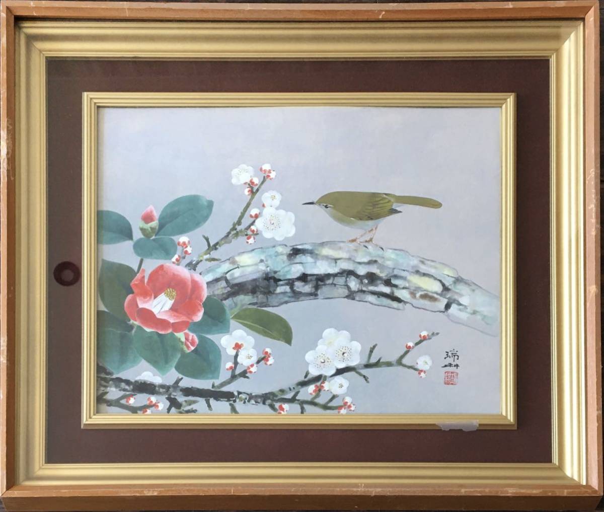 椿梅に鶯 花鳥図 現代日本画家 田中瑞耕 肉筆 日本画 額装 C-150