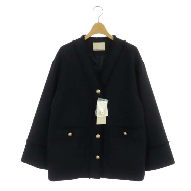 未使用品 ガリャルダガランテ GALLARDAGALANTE ネイビー NAVY ツイードジャケット ノーカラー カラーレス シングル 金ボタン F 紺