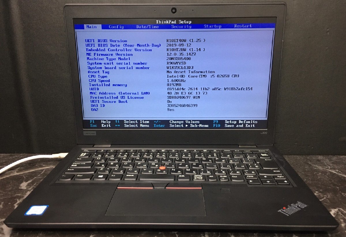 1円～ ■ジャンク LENOVO ThinkPad L390 / 第8世代 / Core i5 8265U 1.60GHz / メモリ 8GB / SSD 256GB / 13.3型 / OS有り / BIOS起動可