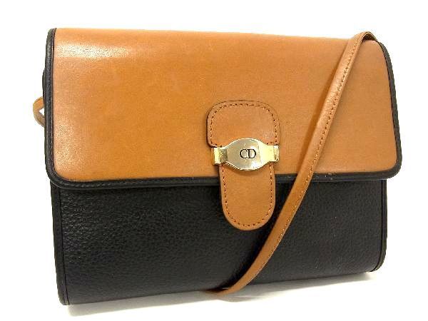 1円 Christian Dior ディオール ヴィンテージ レザー クロスボディ ショルダーバッグ 斜め掛けかばん ブラウン系×ブラック系 AJ6170スオ