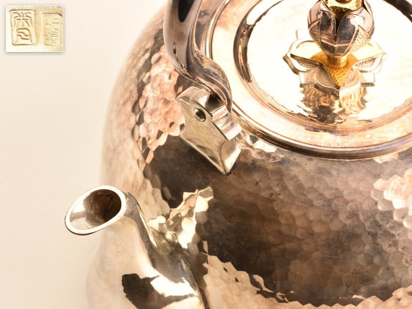 純銀製 四方湯沸 玉摘 銀瓶 煎茶道具 純銀製 四方湯沸 【