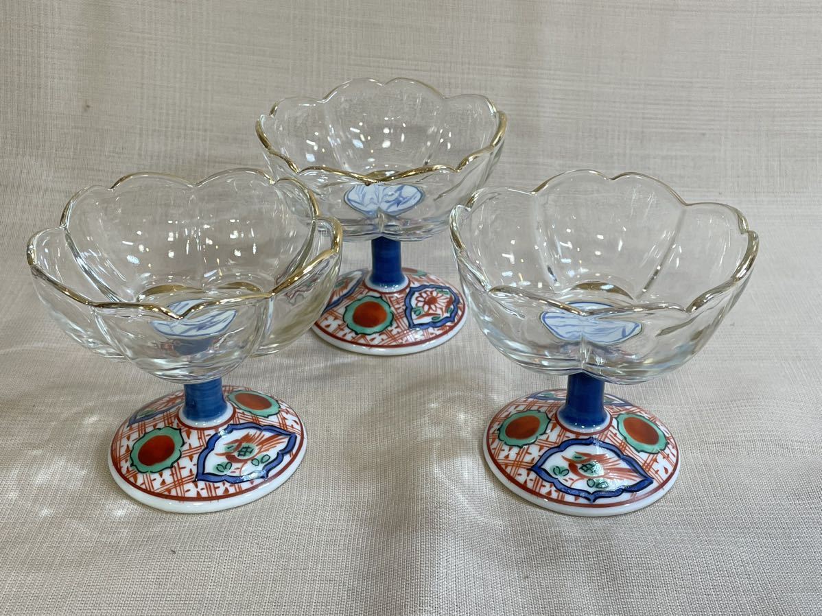 龍峰窯 つみき 三洋陶器 赤絵花鳥 ガラスデザート鉢揃 高台小鉢 和食器