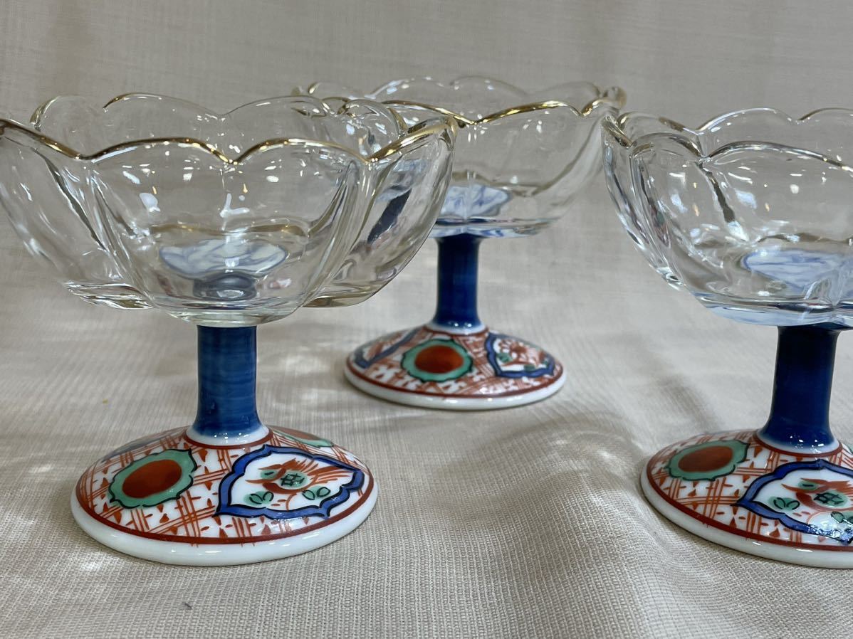 龍峰窯 つみき 三洋陶器 赤絵花鳥 ガラスデザート鉢揃 高台小鉢 和食器