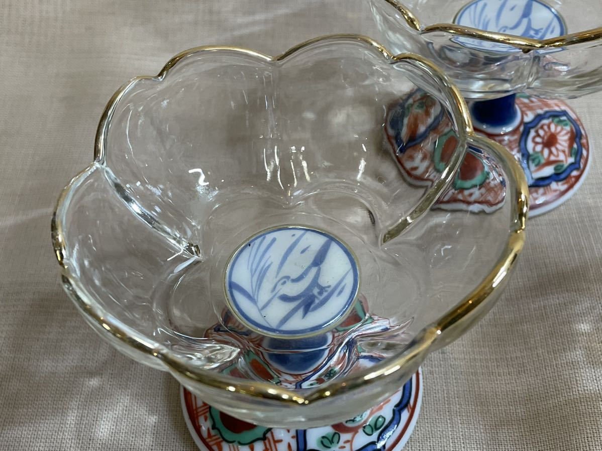 龍峰窯 つみき 三洋陶器 赤絵花鳥 ガラスデザート鉢揃 高台小鉢 和食器