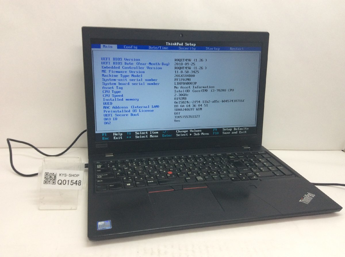 ThinkPad Core 20LXS1HD00 L580 i3-7020U ジャンク⁄ LENOVO Intel 8Gb
