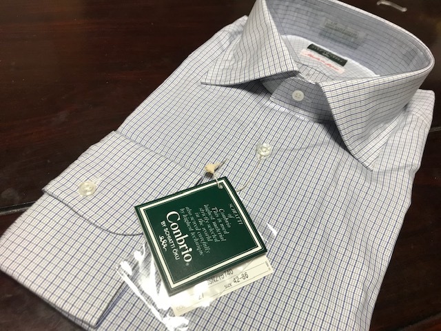 スキャッティ　コンブリオ　白地ブルーチェックワイシャツ　L(41-85)　ワイドスプレッド　MADE IN JAPAN