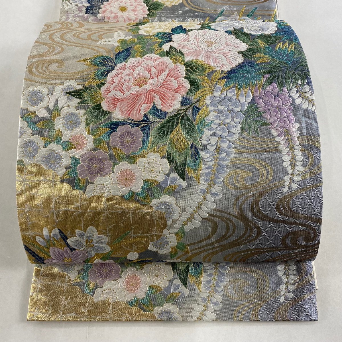 美品 袋帯 秀品 蜀江華文 波 箔 金銀糸 灰緑 六通 正絹