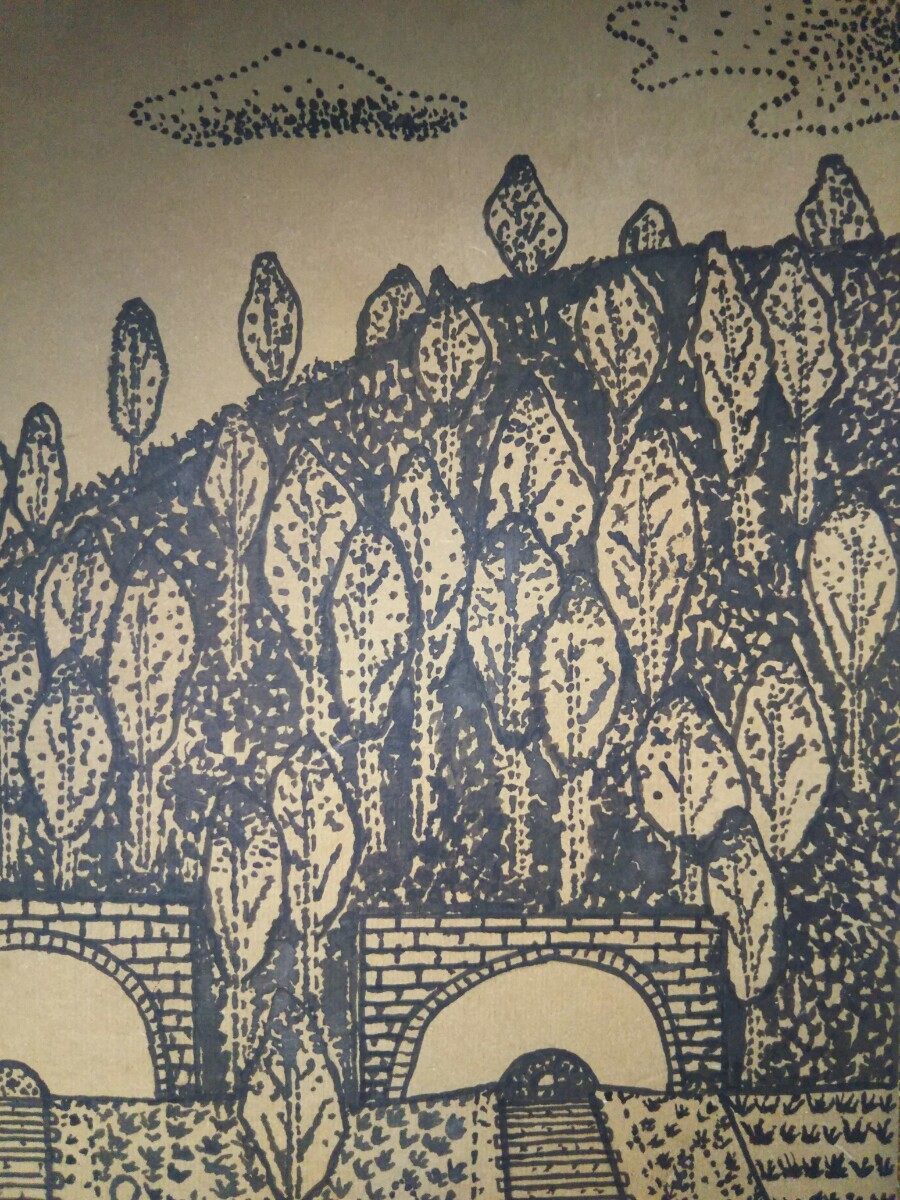 大型希少色紙作品】山下清 ペン画 「トンネルのある風景」未鑑定 模写 