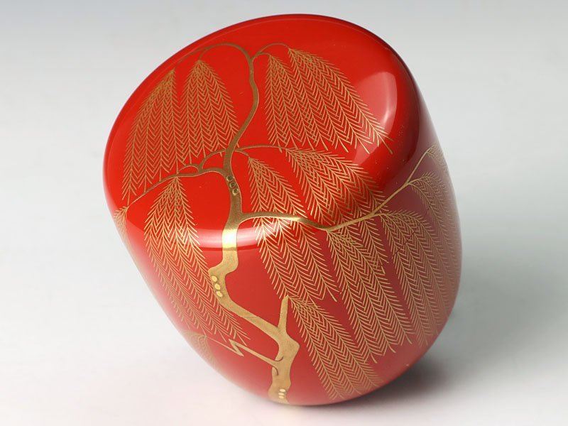 【古美味】出口幸甫 柳蒔絵朱塗中棗 茶道具 保証品 8GMy