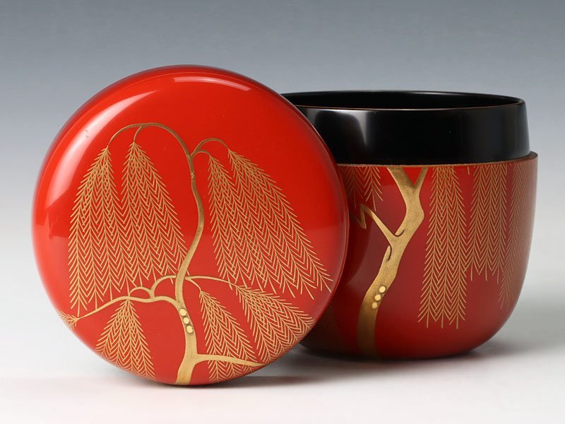 【古美味】出口幸甫 柳蒔絵朱塗中棗 茶道具 保証品 8GMy