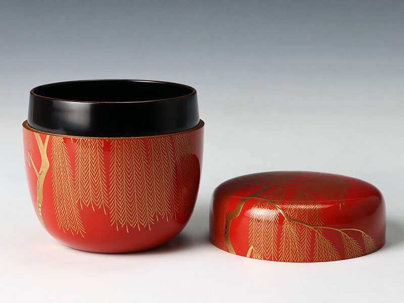 【古美味】出口幸甫 柳蒔絵朱塗中棗 茶道具 保証品 8GMy