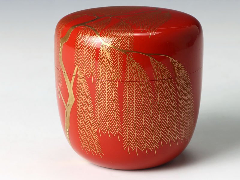 【古美味】出口幸甫 柳蒔絵朱塗中棗 茶道具 保証品 8GMy