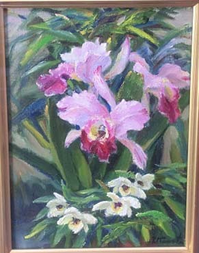 491792 油彩 川田達懿 作 「洋蘭・カトレア」（F4）画家・高知県出身  