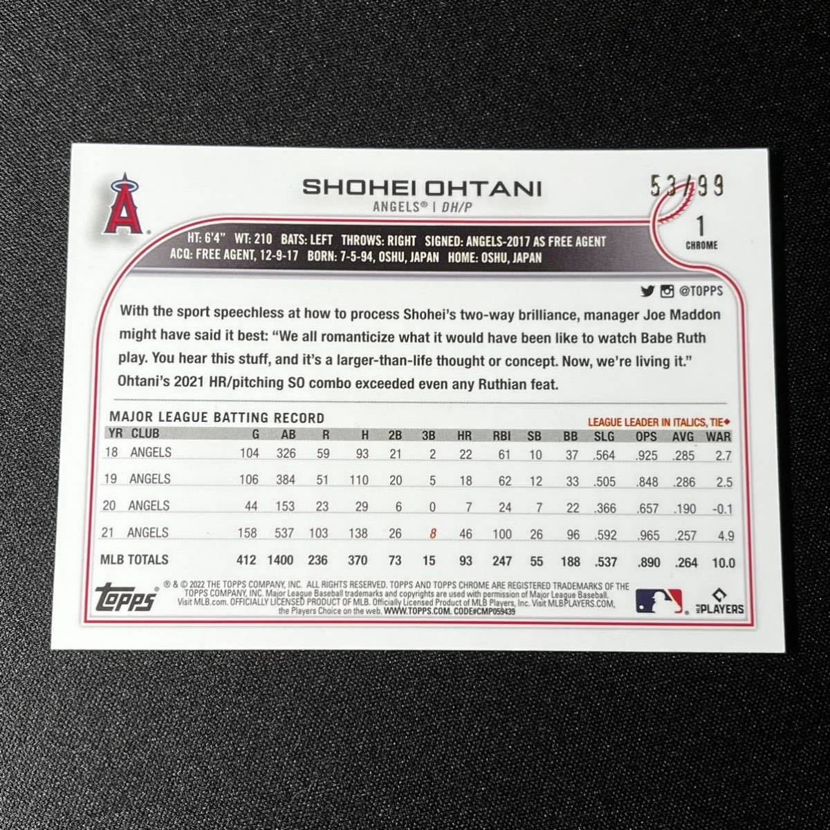 最新 99枚限定 2022 Topps Chrome Sonic 大谷翔平 No.1 グリーンレイ 