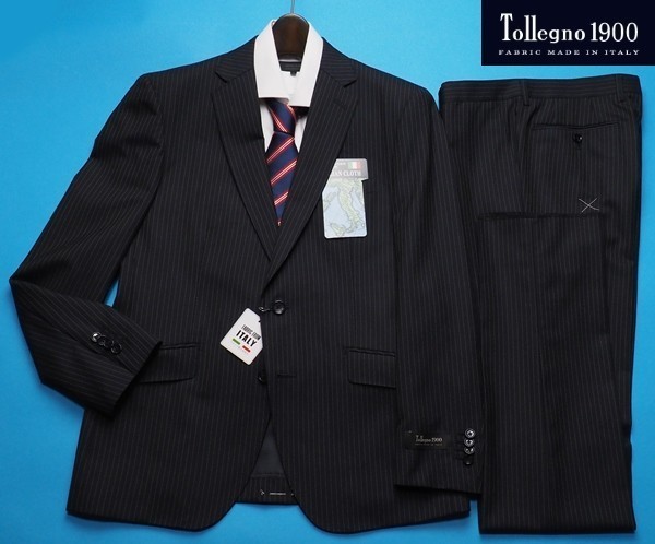 新品9.7万円 大手百貨店扱い 日本製 春夏『Tollegno トレーニョ 伊製生地』ウール100% ストライプ スーツAB7濃紺(B) 1700881
