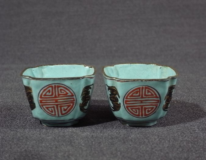 d5 中国 琺瑯煎茶碗 蝙蝠 壽 ペア盃杯 GEE652コレクター所蔵品時代