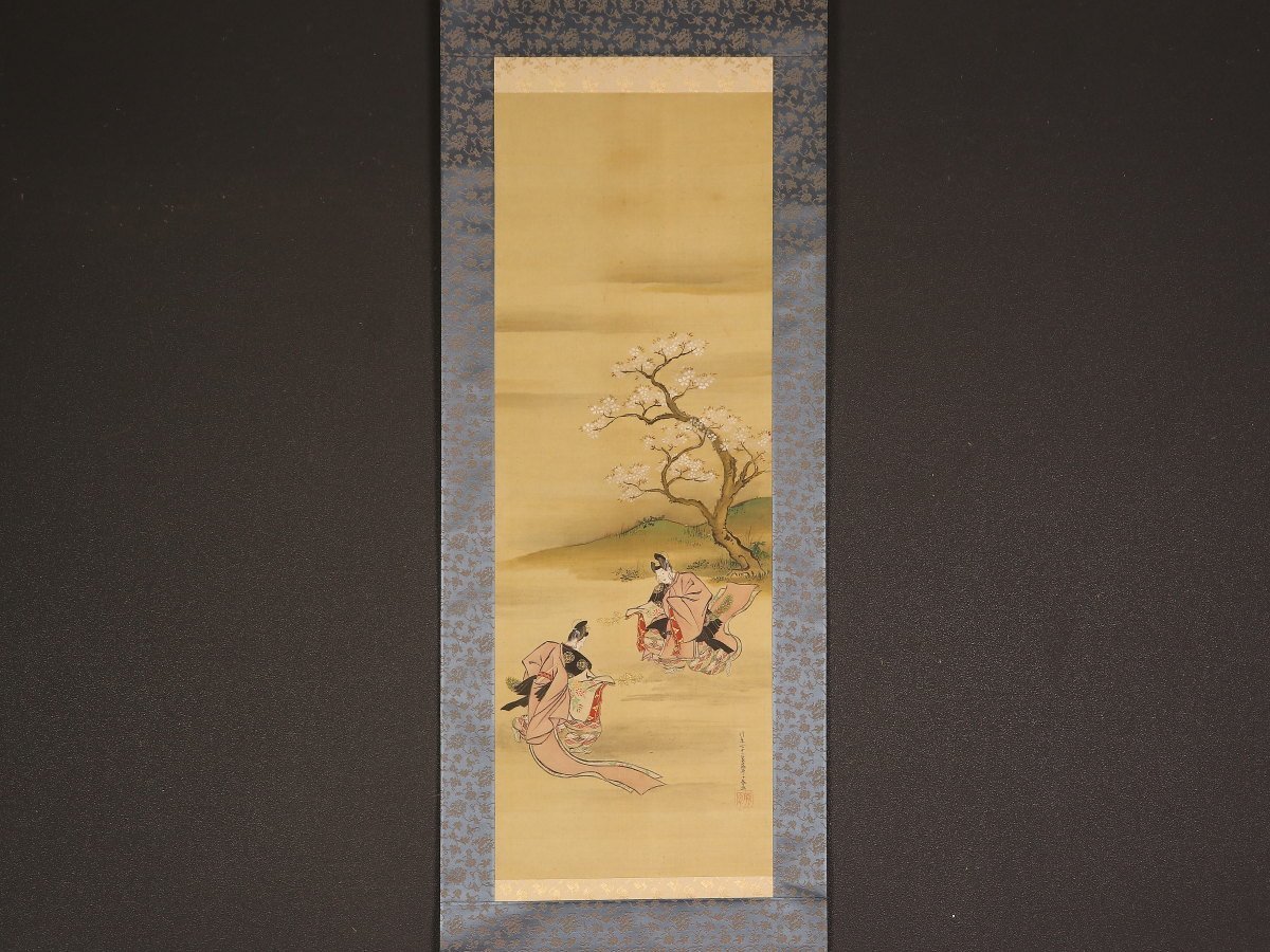 【模写】【1円開始】【伝来】ek6499〈藤原千春〉桜花舞楽図 春掛 堆朱軸先 倶利彫