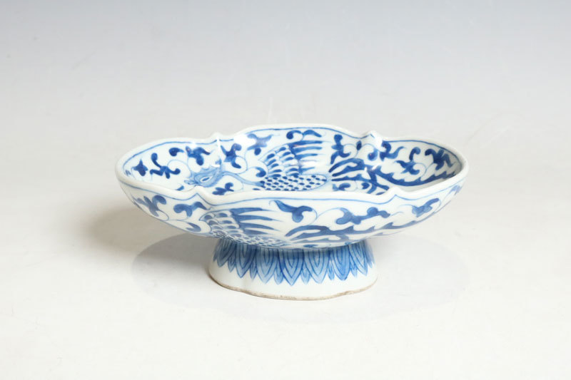 景徳鎮 青花 中国美術 青花鳳凰紋高足盤 南京染付皿（