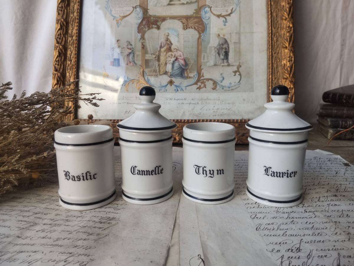 ★フランス アンティーク　素敵な　陶器　小　キャニスター　陶器ポット　4点セット　1900年　★　