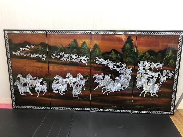 中国美術 屏風/衝立 4連衝立 螺鈿細工/漆塗り 4枚 中国美術 屏風/