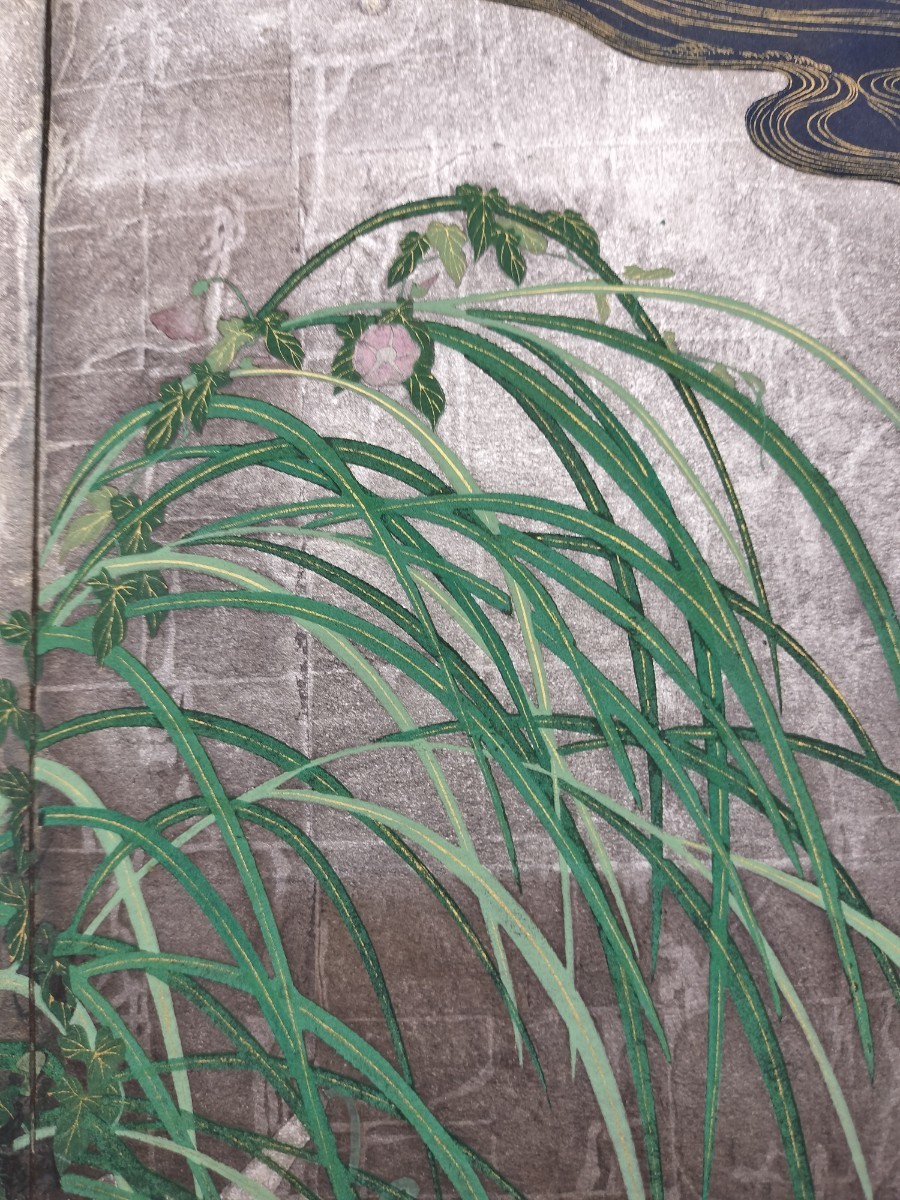 模写 酒井抱一「夏秋草図屏風」肉筆保証 花鳥図 古い掛け軸(掛軸) 紙本