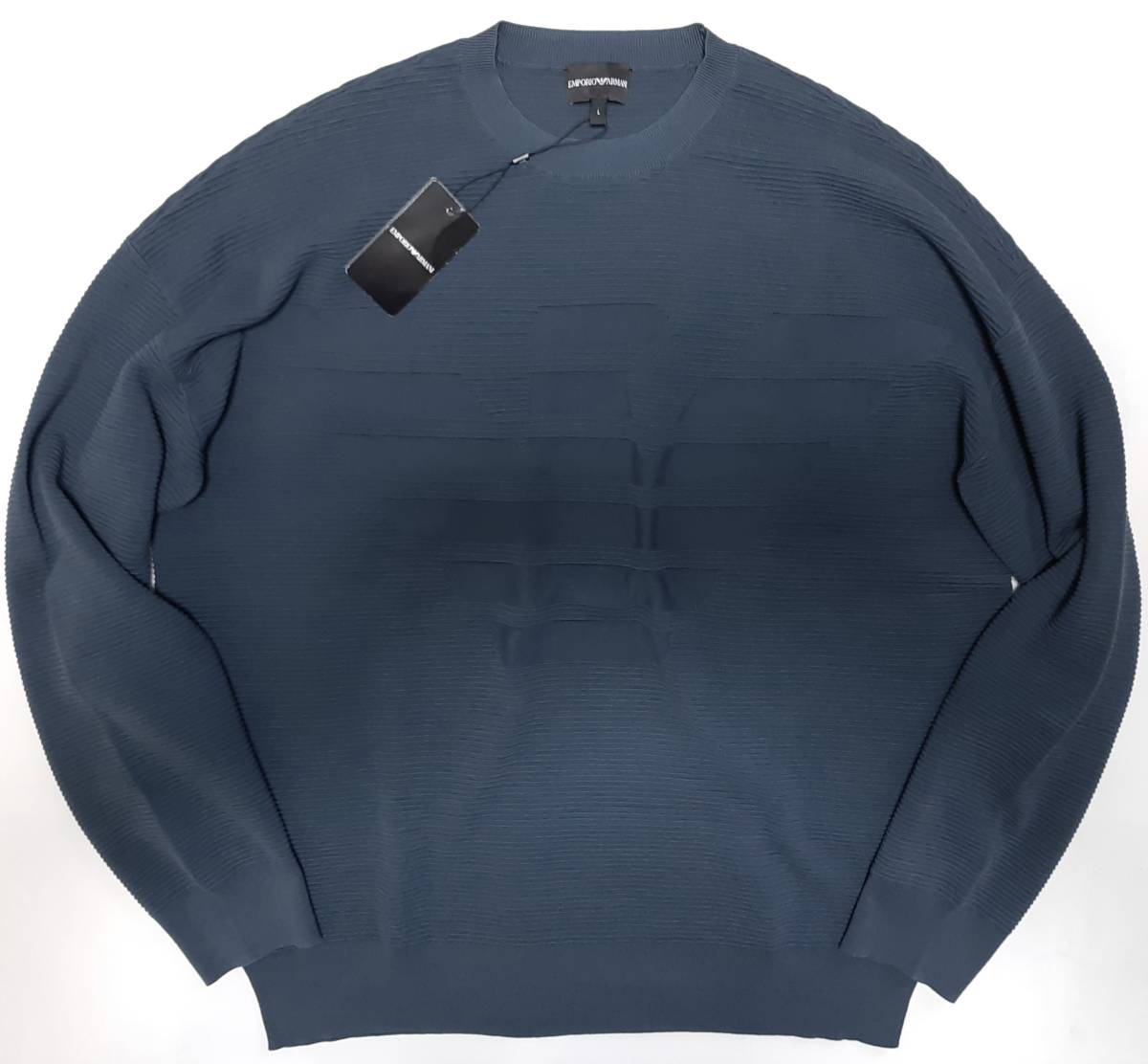 [新品] EMPORIO ARMANI　ビッグイーグルの織り柄入り【メンズ・ハイゲージニット】◆2022年春夏モデル　サイズ：L(50相当)　◆色：紺系