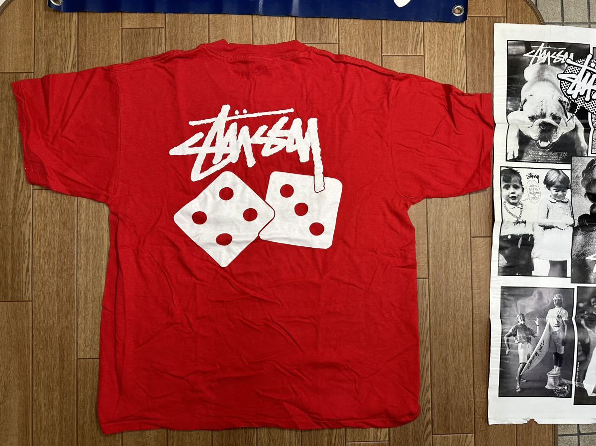 STUSSY 黒タグ ダイスTee(L)赤 サイコロ OLD ヴィンテージ1980 デッドストック非売品 限定DICE オールドステューシー1円売り切りS2C サーフ