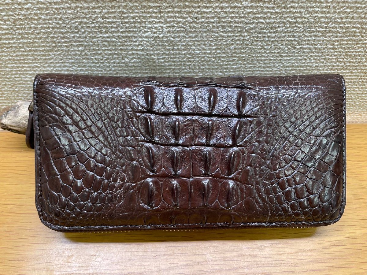 1円 定価9.8万円 新品 クロコダイル ワニ革 背革 長財布 本物 ラウンドファスナー メンズ財布 一枚革 小銭入れあり 未使用 茶色
