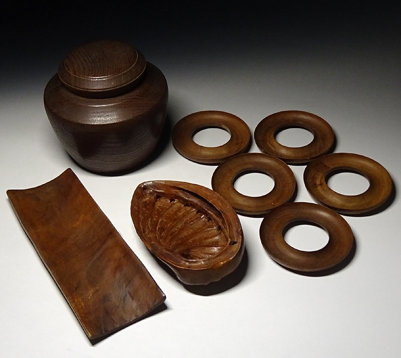 緑屋i□ 煎茶道具 桑製 木彫 煎茶道具 一式（茶壺 茶合 茶匙 茶托） i9