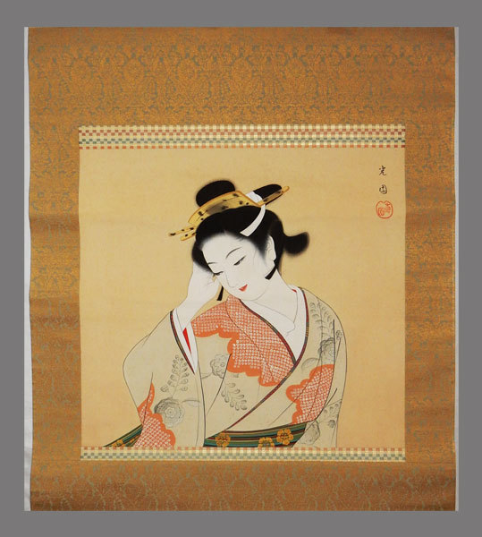 掛け軸 森二鳳 『 雪傘美人 』 美人画 絹本 希少 軸装 茶道具 掛軸 美品 佐藤 光園 ／ 師:竹内栖鳳 復古大和派 【真作】□佐藤光園□