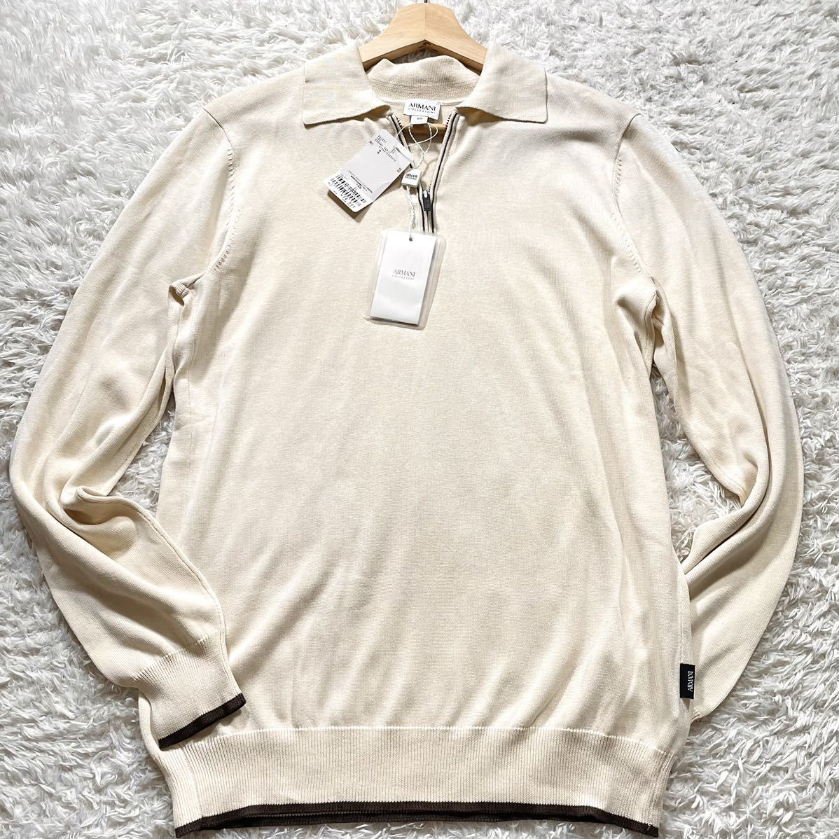 新品タグ付/Lサイズ●アルマーニ コレツィオーニ 春ニットセーター 薄手 ARMANI COLLEZIONI シャツ ジップファスナー【定価3.8万】シルク混
