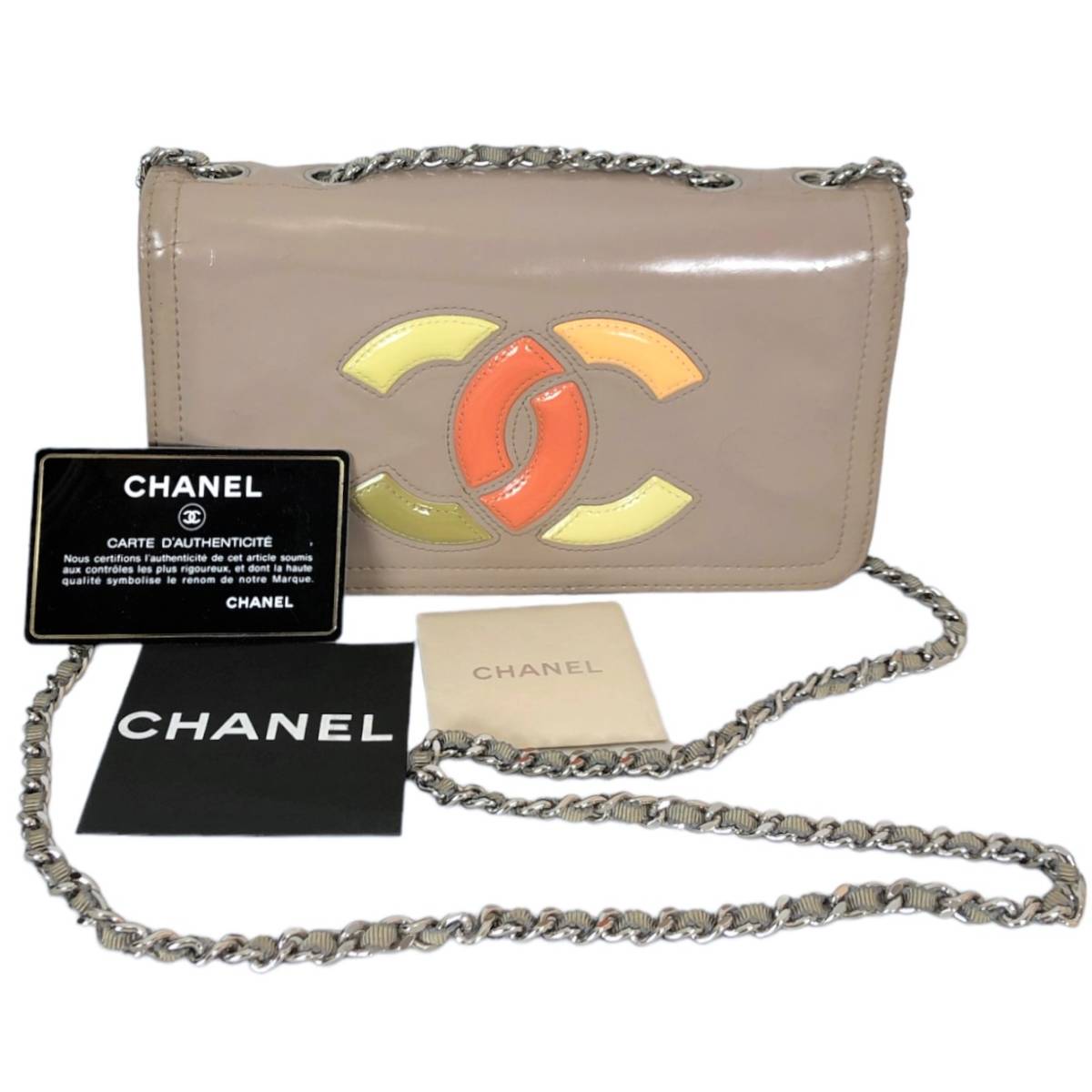 CHANEL シャネル リップスティックライン ココマーク チェーン ショルダーバッグ ミニ エナメル パテント グレージュ シール ギャランティ