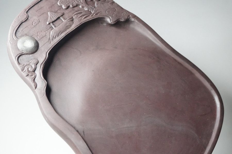 書道具/文房具 端渓硯 硯F5 山水彫刻 有眼 唐木箱 端渓名硯