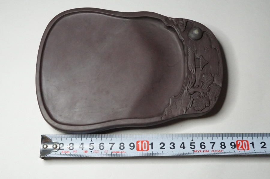 書道具/文房具 端渓硯 硯F5 山水彫刻 有眼 唐木箱 端渓名硯