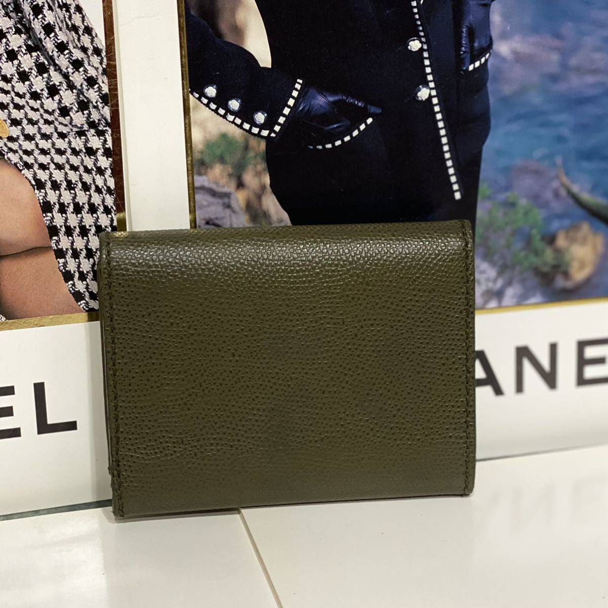 VINTAGE CHANELキャビアスキン カードケース 名刺入れ 3つ折り カーキ